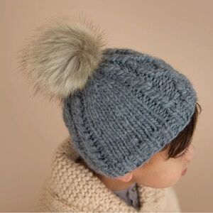 NWT The Blueberry Hill Cable Knit Fur Pom Hat, Zinc |Size 12-24 months